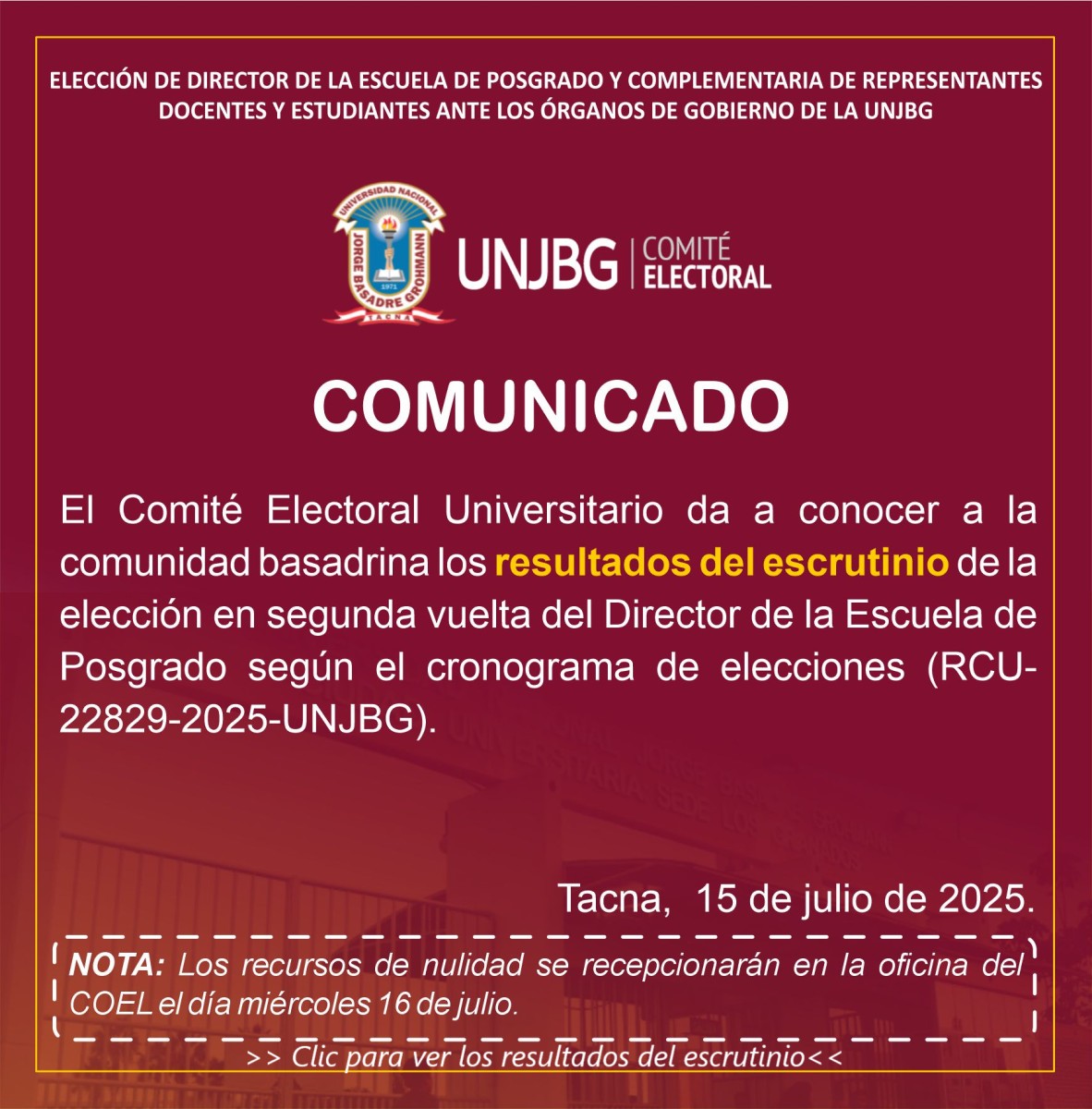 COMUNICADO -  resultados escrutinio segunda vuelta